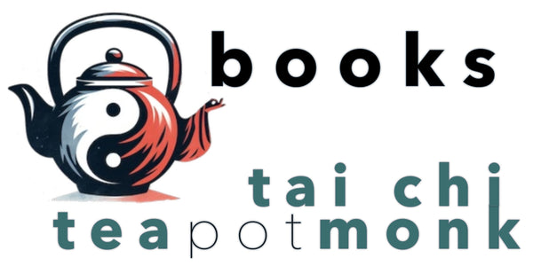 Logo with a teapot design and text 'books', 'taichi', 'tea pot monk' on a white background
